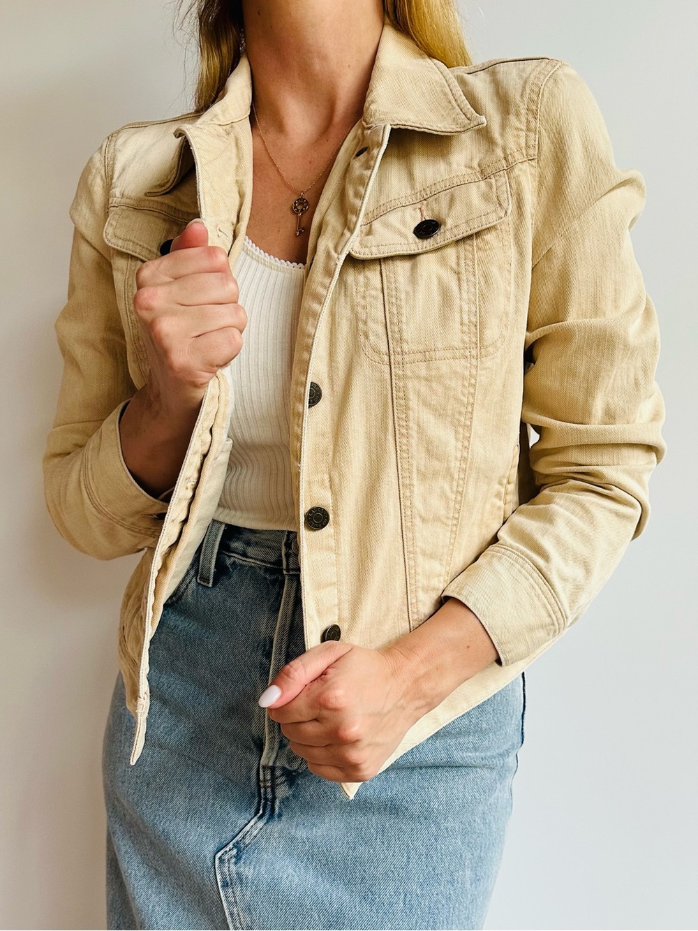 Vintage Ralph Lauren Beige Denim Trucker Jacket Neutral Preppy Capsule Boho - Picture 2 of 10
